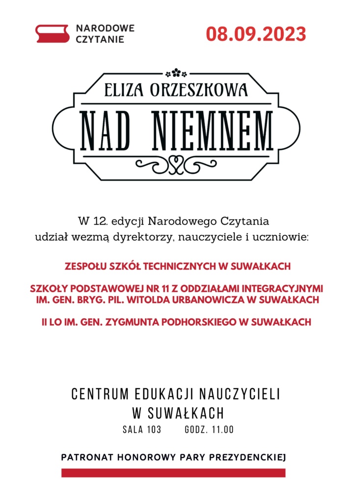 Zapraszamy 8 września do udziału w Narodowym Czytaniu powieści Elizy Orzeszkowej „Nad Niemnem”