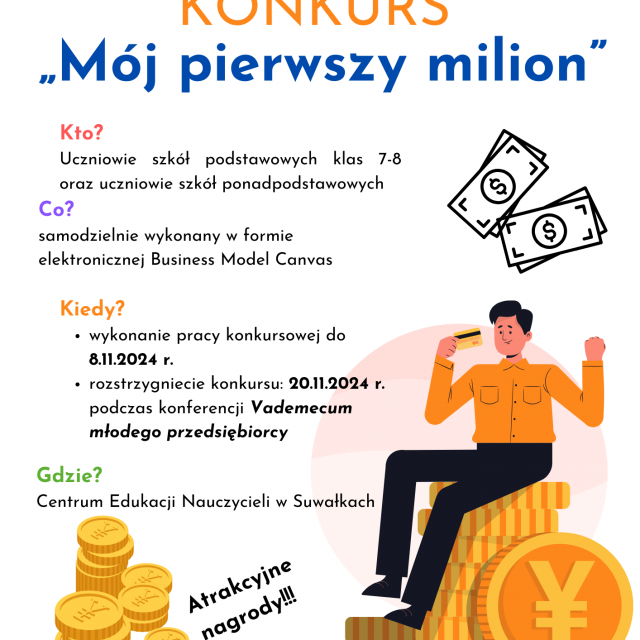 Zapraszamy uczniów szkół podstawowych klas VII-VIII oraz uczniów szkół ponadpodstawowych do udziału w konkursie „Mój pierwszy milion”