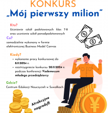 Zapraszamy uczniów szkół podstawowych klas VII-VIII oraz uczniów szkół ponadpodstawowych do udziału w konkursie „Mój pierwszy milion”